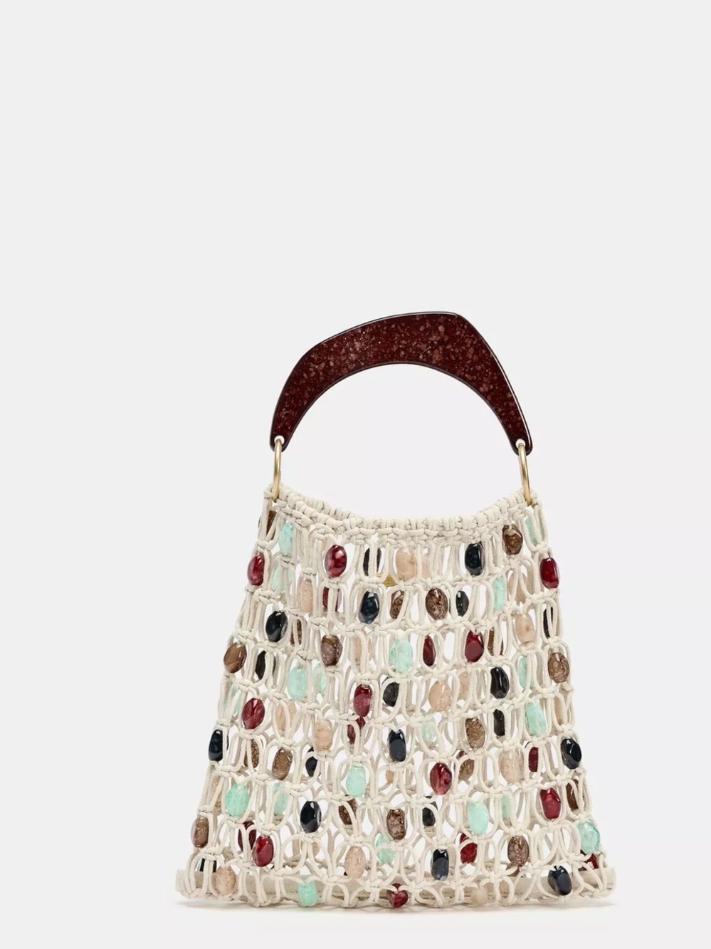 Handwoven Bead-Embellished Shoulder Bag in Ivory with Multicolor Stones